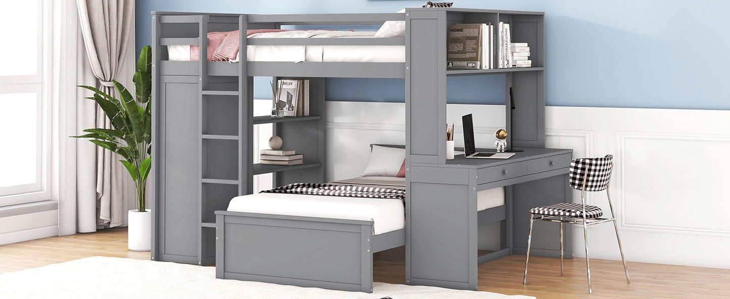 Full Size Loft Bed With A Twin Size Standalone Bed, Shelves, Desk, And Wardrobe - Gray