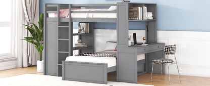 Full Size Loft Bed With A Twin Size Standalone Bed, Shelves, Desk, And Wardrobe - Gray