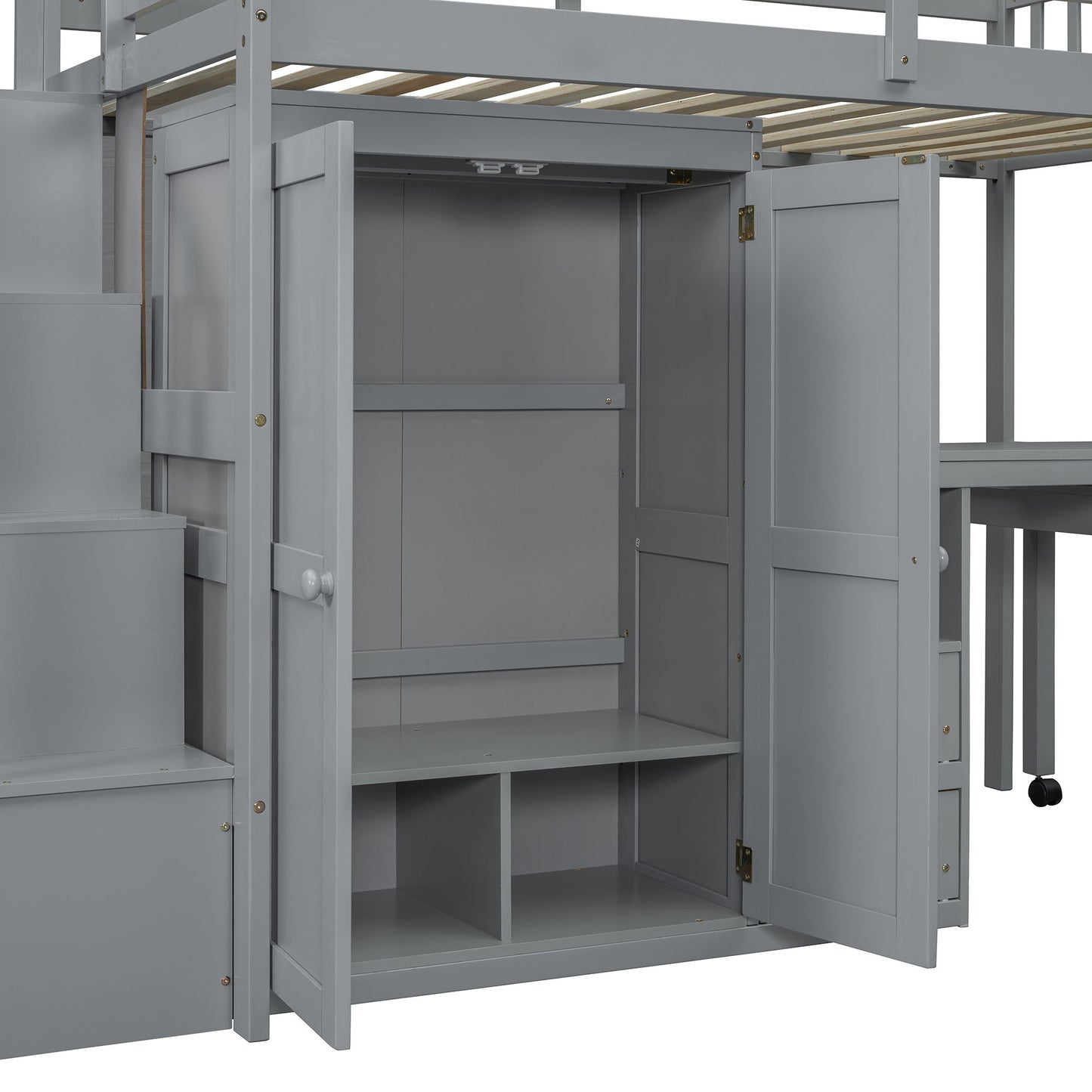 Twin Size Loft Bed With Stairs, Bookshelf, Drawers, Desk & Wardrobe, Space Saving Multifunctional Furniture - Gray