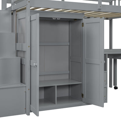 Twin Size Loft Bed With Stairs, Bookshelf, Drawers, Desk & Wardrobe, Space Saving Multifunctional Furniture - Gray
