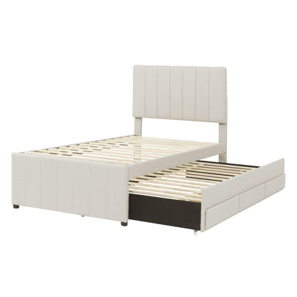 Twin Size Upholstered Platform Bed With Trundle And 3 Drawers - Beige