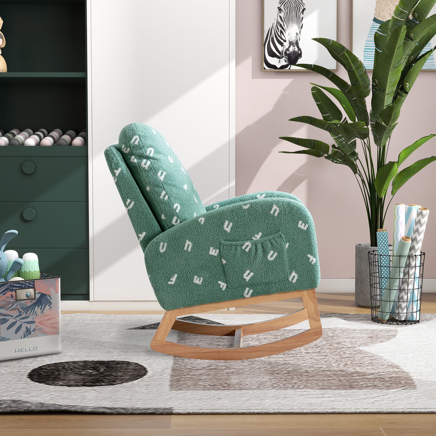 Modern Rocking Chair For Nursery, Mid Century Accent Rocker Armchair With Side Pocket, Upholstered High Back Wooden Rocking Chair For Living Room - Green