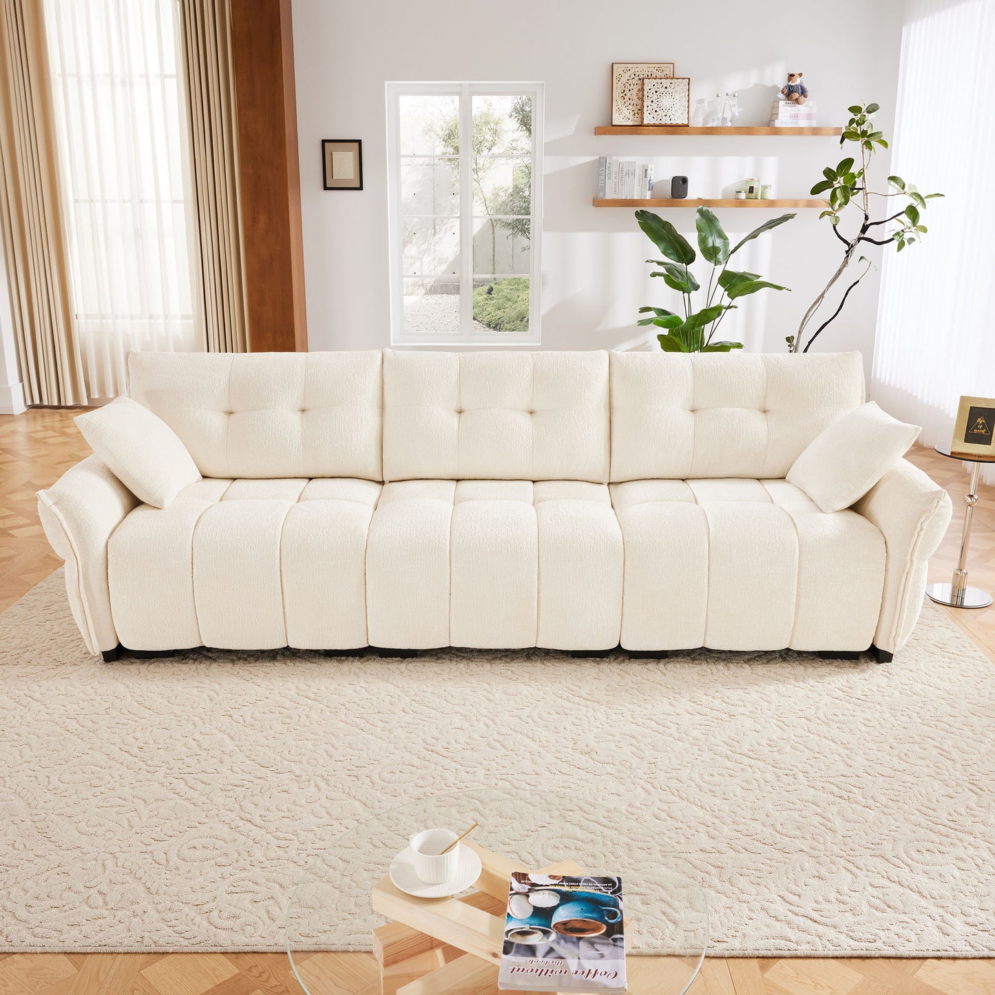 Modern 3 Seater Sofa Set & Pillows Frame, Textured Cover, High Rebound Cushions - White
