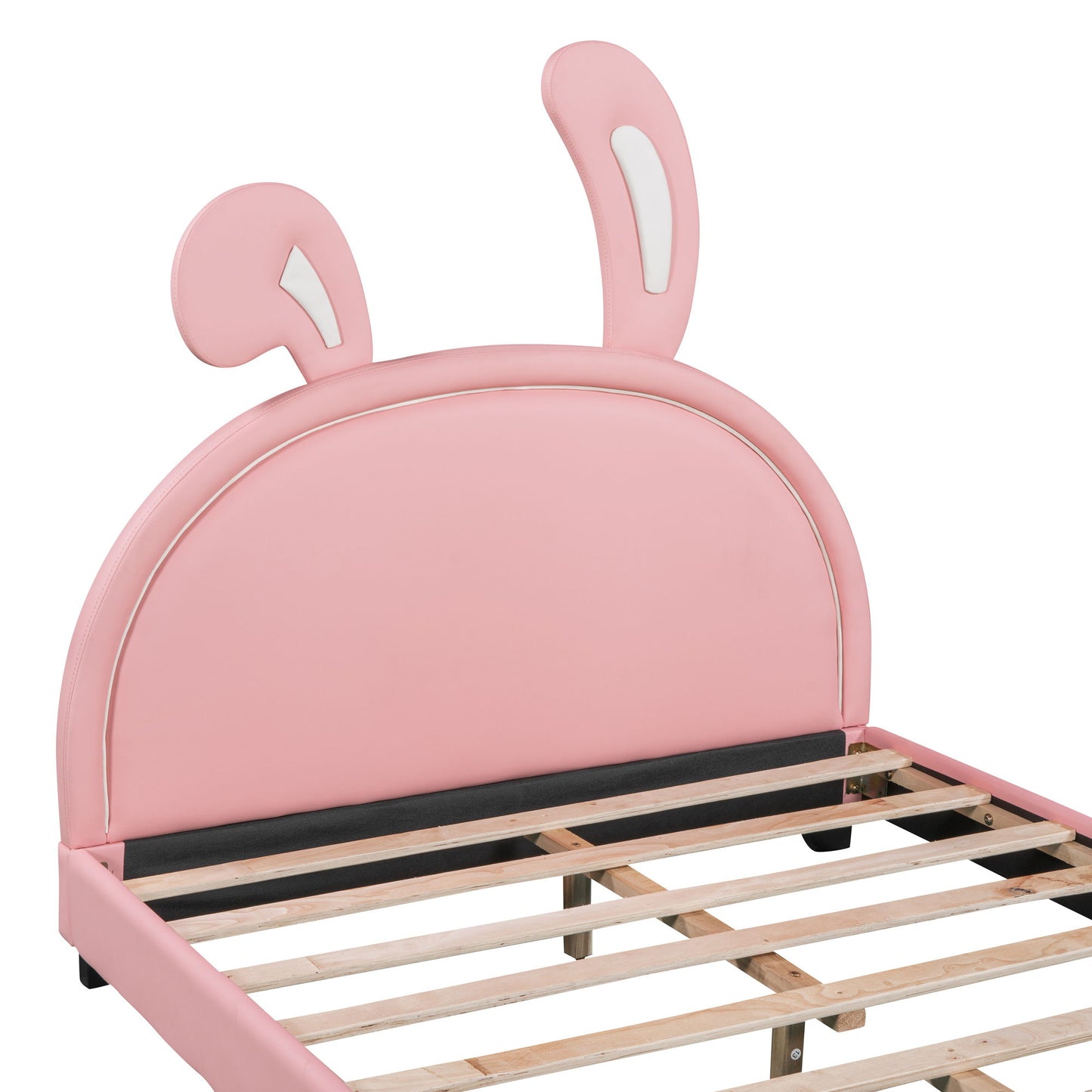 Full Size Upholstered Leather Platform Bed With Rabbit Ornament, Pink