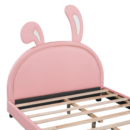 Full Size Upholstered Leather Platform Bed With Rabbit Ornament, Pink