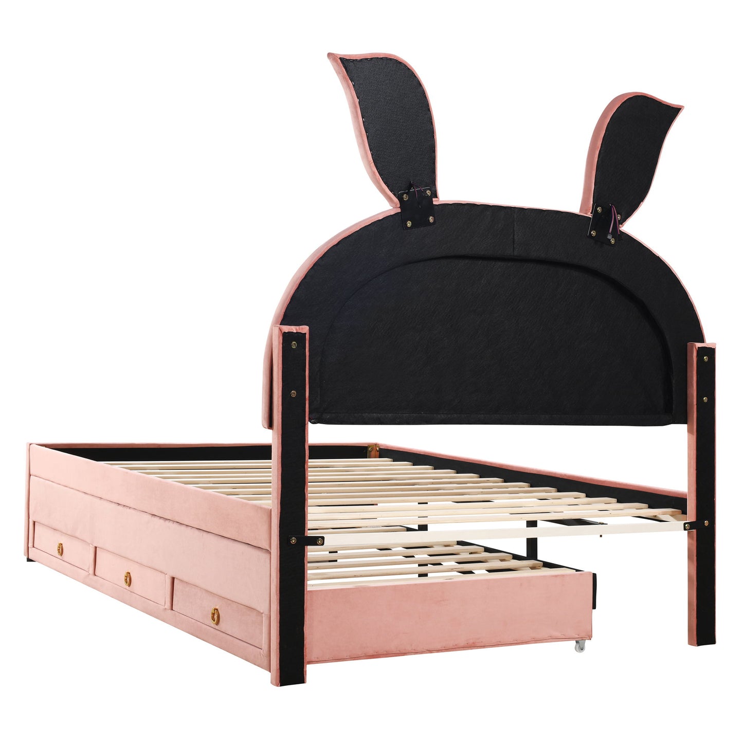 Full Size Upholstered Platform Bed With Trundle And 3 Drawers, Rabbit-Shaped Headboard With Embedded LED Lights - Pink