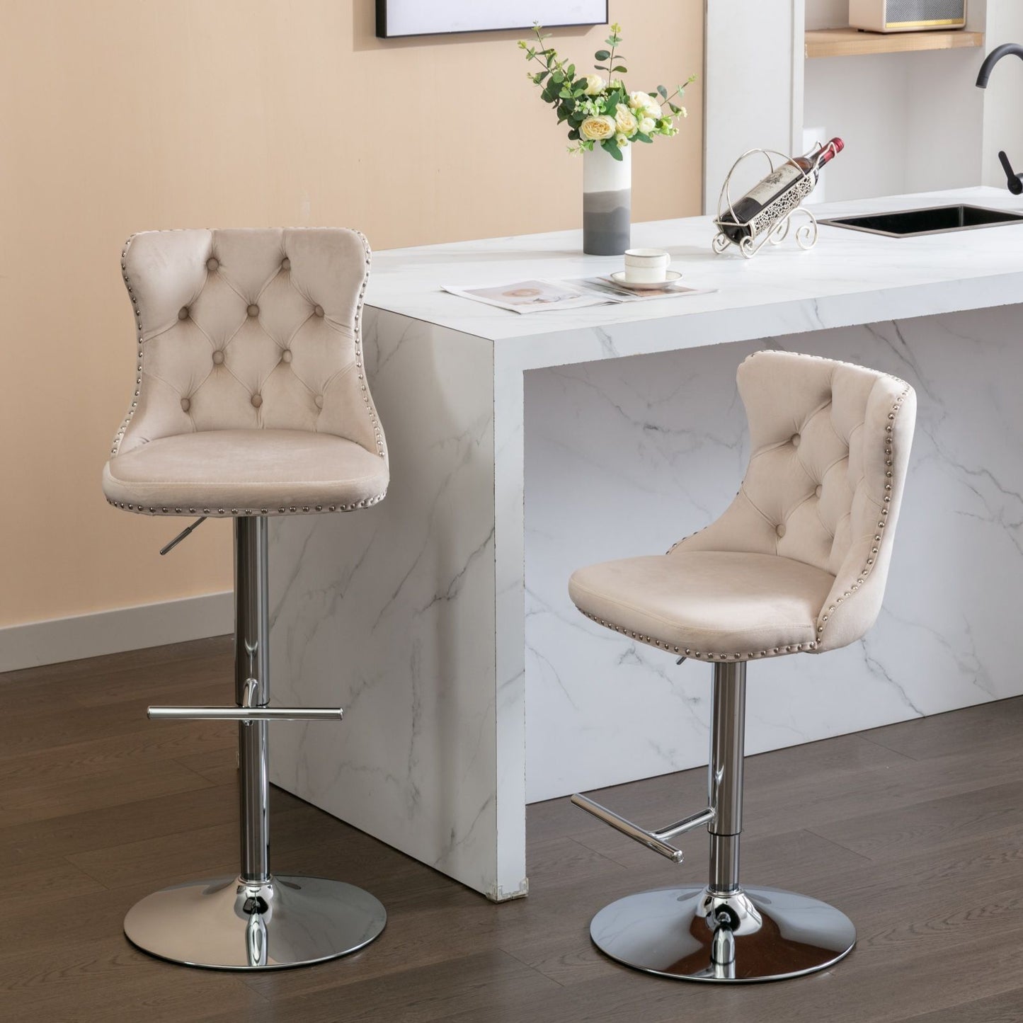 Swivel Velvet Barstools Adjusatble Seat Height From 25-33", Modern Upholstered Chrome Base Bar Stools With Backs Comfortable Tufted For Home Pub And Kitchen Island (Set of 2) - Beige