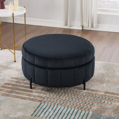 Upholstered Round Ottoman With Reversible Lid, Velvet Storage Stool, Channel Tufted Pumpkin Shape Footstool For Living Room, Bedroom And Office - Black