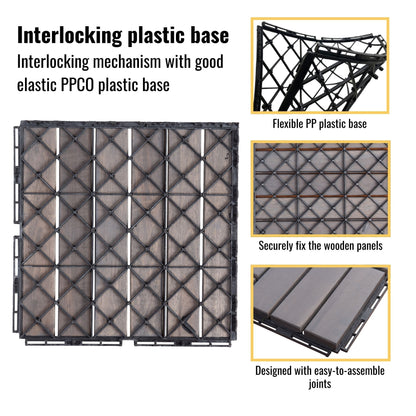 10 Piece Interlocking Deck Tiles Striped Pattern, Square Acacia Hardwood Outdoor Flooring For Patio, Bancony, Pool Side - Light Gray