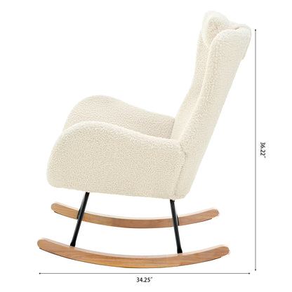 Rocking Chair Nursery, Teddy Upholstered Rocker Glider Chair With High Backrest, Adjustable Headrest & Pocket, Comfy Glider Chair For Nursery, Bedroom, Living Room, Offices, Rubber Wood - Beige