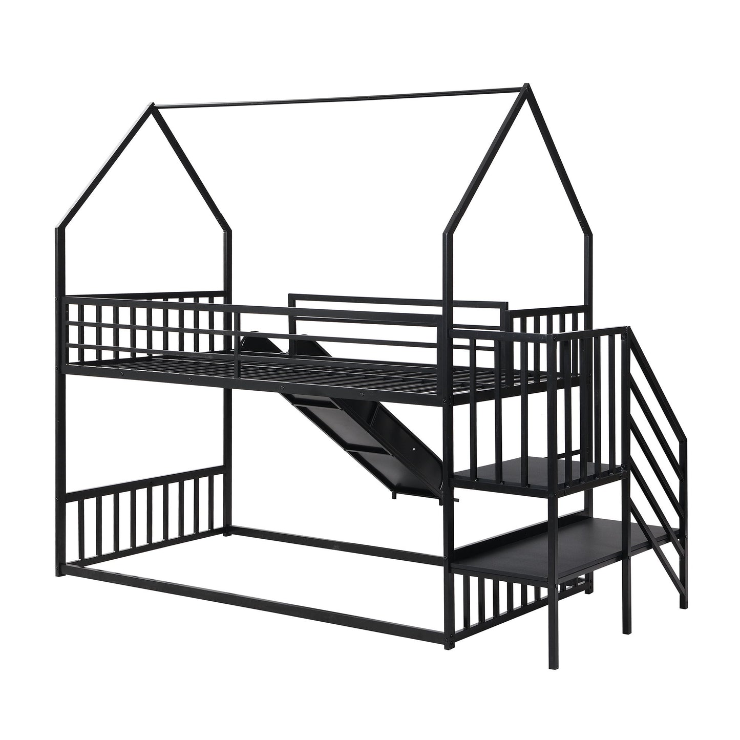 Twin Size Metal Bunk Bed House Bed With Slide And Staircase - Black