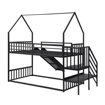 Twin Size Metal Bunk Bed House Bed With Slide And Staircase - Black