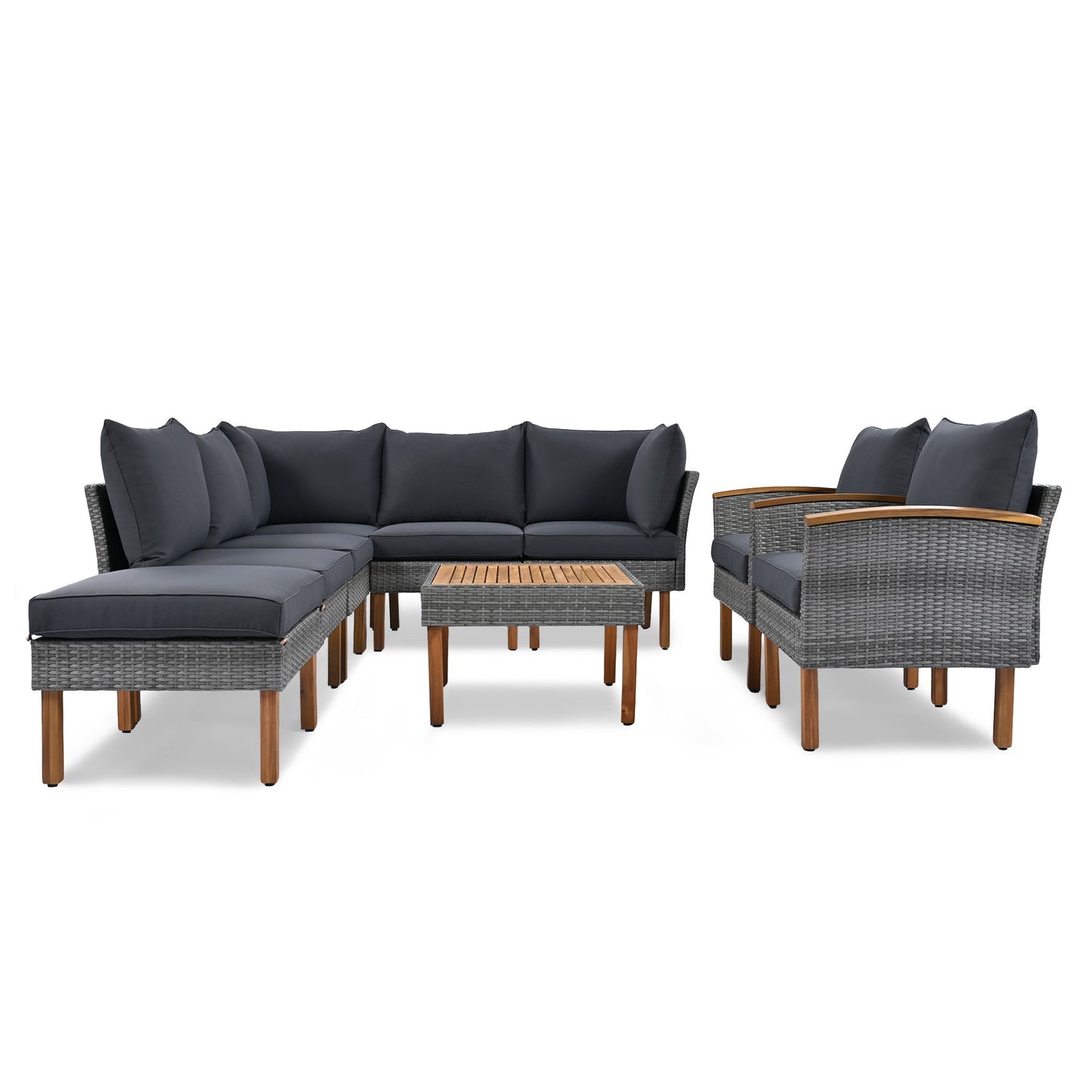 9 Piece Patio Rattan Furniture Set, Outdoor Conversation Set With Acacia Wood Legs And Tabletop, PE Rattan Sectional Sofa Set With Coffee Table, Washable Cushion - Gray