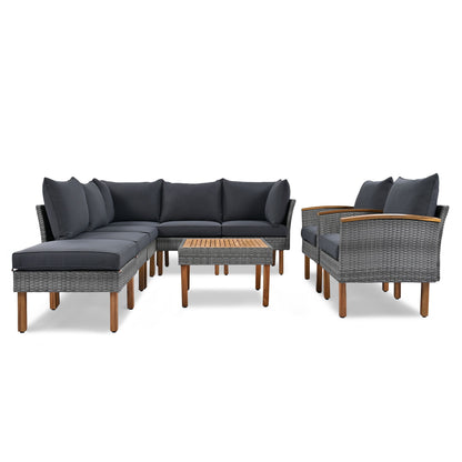 9 Piece Patio Rattan Furniture Set, Outdoor Conversation Set With Acacia Wood Legs And Tabletop, PE Rattan Sectional Sofa Set With Coffee Table, Washable Cushion - Gray