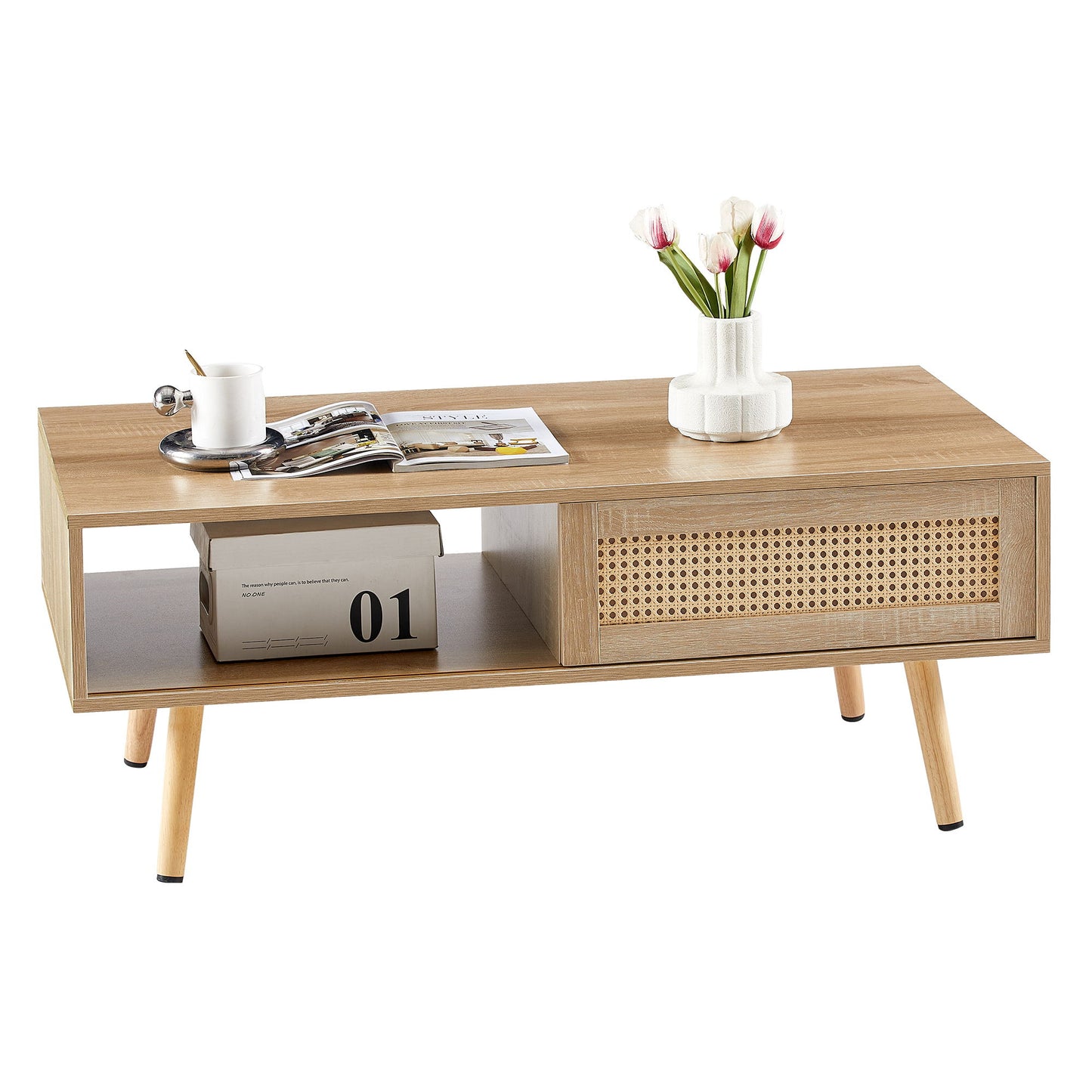 41.34" Rattan Coffee Table, Sliding Door For Storage, Solid Wood Legs, Modern Table For Living Room - Natural