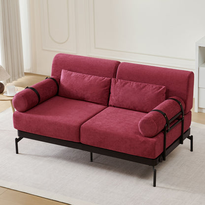 Modern Loveseat Sofa 59" Sofa Couch 2 Seater With USB Ports, Unique Cylindrical Armrests - Red