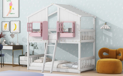 Twin Over Twin House Bunk Bed With Roof, Window, Window Box, Door, With Safety Guardrails And Ladder - Pink / White