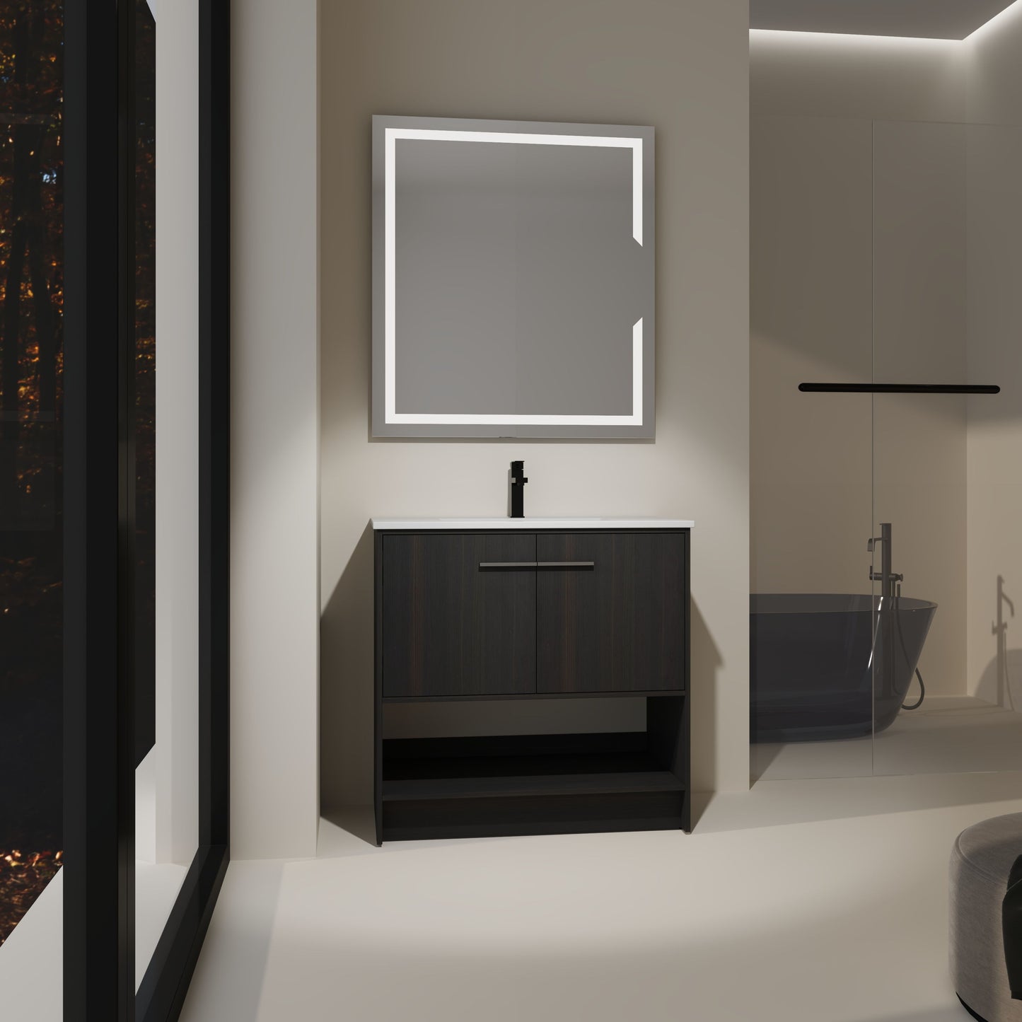 Modern 36" Bathroom Vanity With Ceramic Sink And Soft Closing Doors - Dark Oak