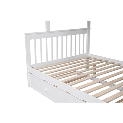 Twin Over Full Bunk Bed With Twin Size Trundle, Storage And Guard Rail For Bedroom - White