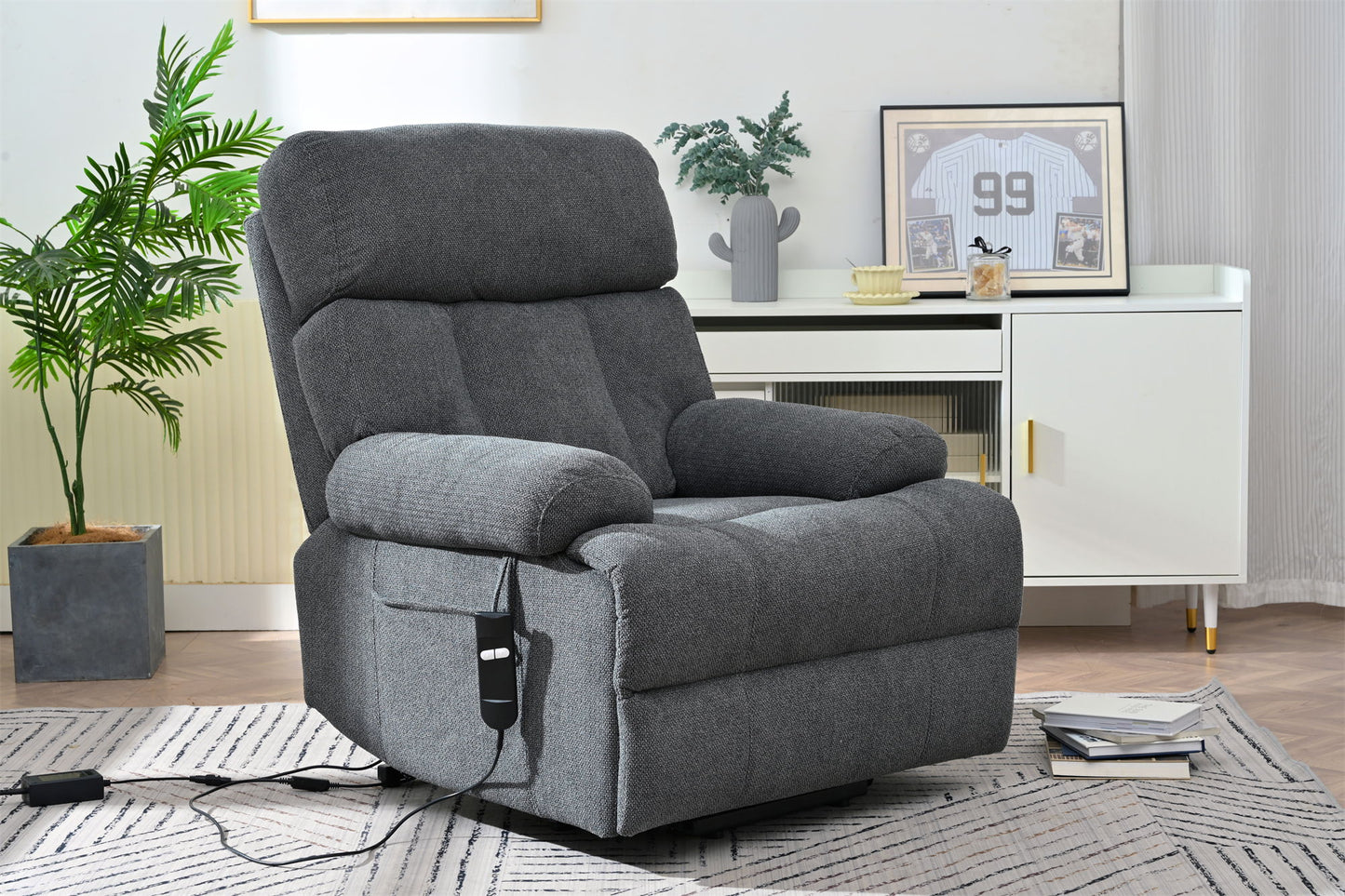 Oversized Power Lift Recliner Chair, Electric Fabric Recliner Chair, Home Theater Seating, Reclining Sofa Chair With Remote Control, Side Pocket, Spacious Seat - Dark Gray