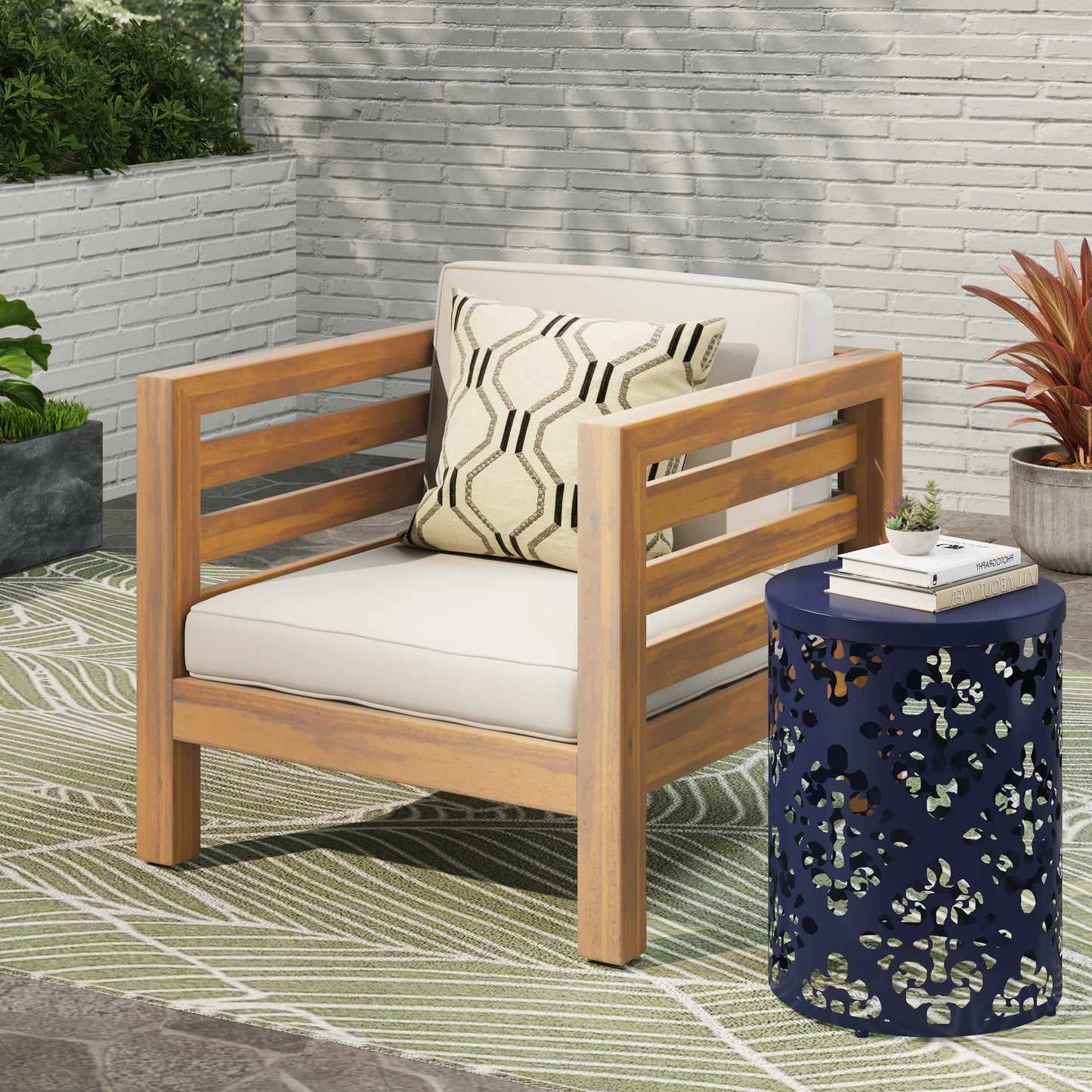 Outdoor Club Chair, Acacia Wood Patio Chair With Fabric Cushion For Backyard, Poolside - Teak / Beige
