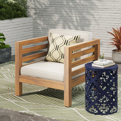 Outdoor Club Chair, Acacia Wood Patio Chair With Fabric Cushion For Backyard, Poolside - Teak / Beige