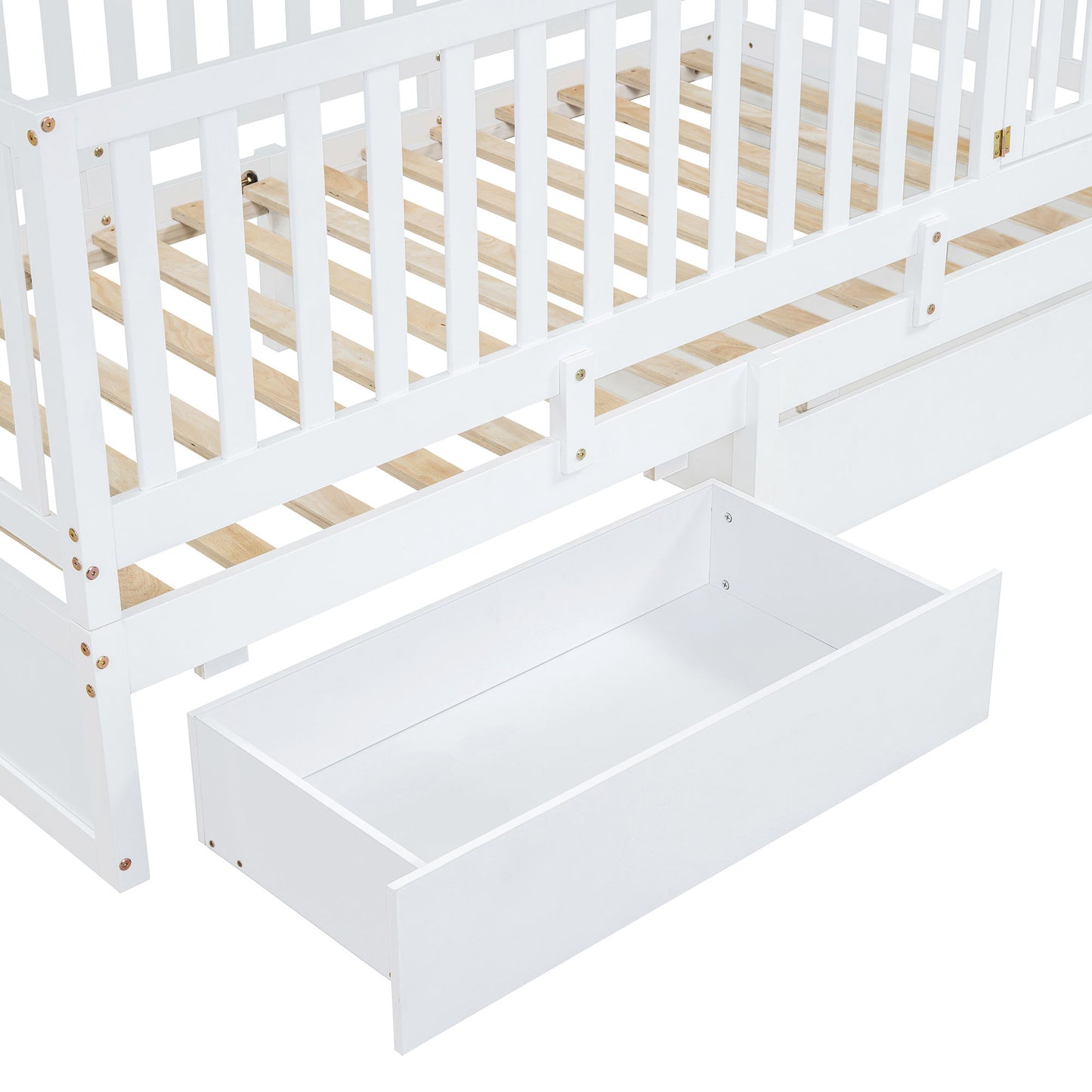 Twin Size Daybed With Fence Guardrails And 2 Drawers, Split Into Independent Floor Bed & Daybed - White