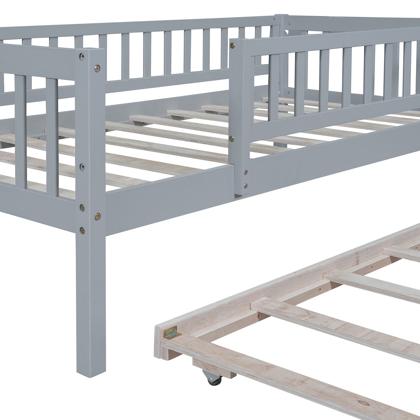 Twin Size Daybed With Trundle And Fence Guardrails - Gray