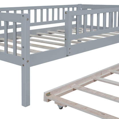 Twin Size Daybed With Trundle And Fence Guardrails - Gray