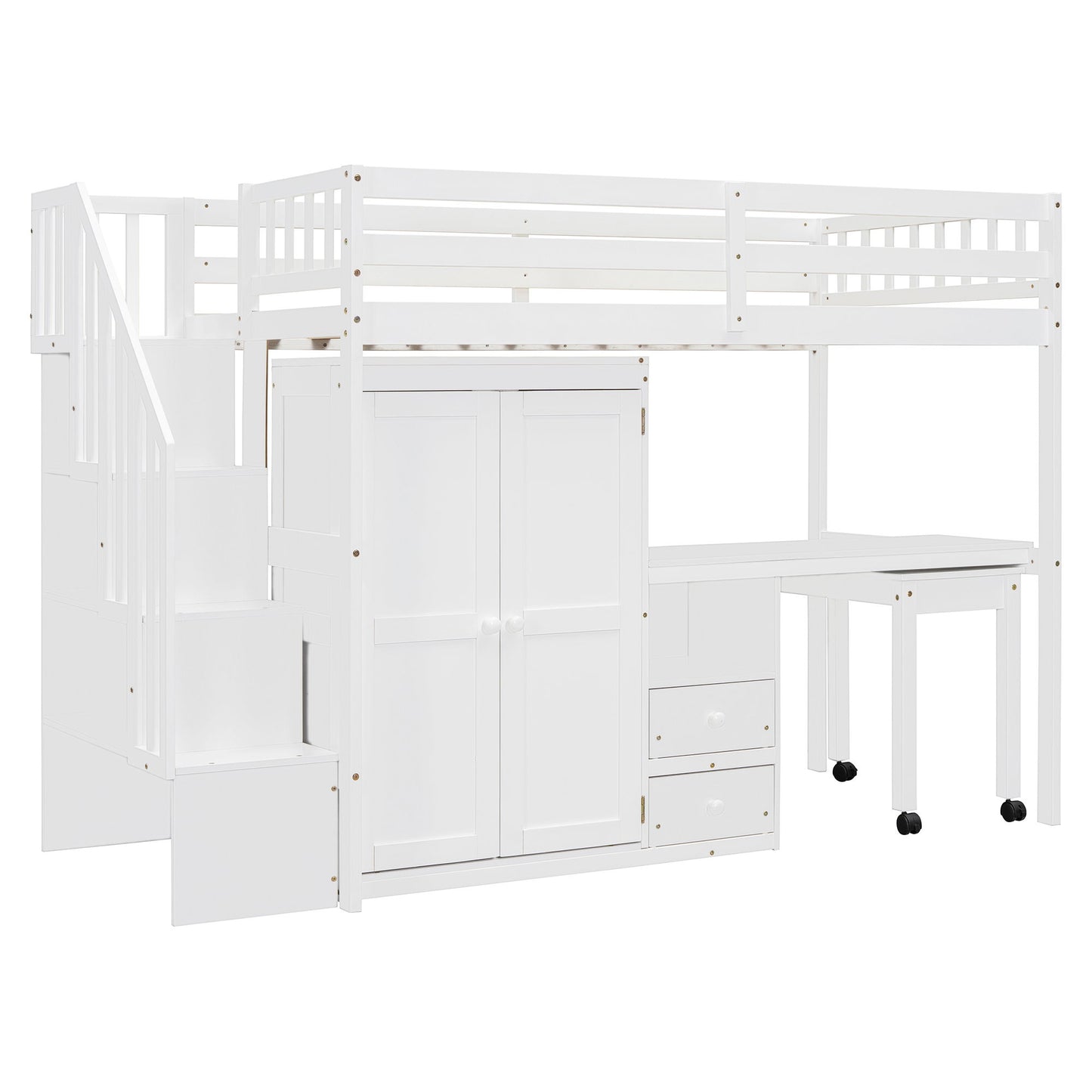 Twin Size Loft Bed With Stairs, Bookshelf, Drawers, Desk & Wardrobe, Space Saving Multifunctional Furniture - White