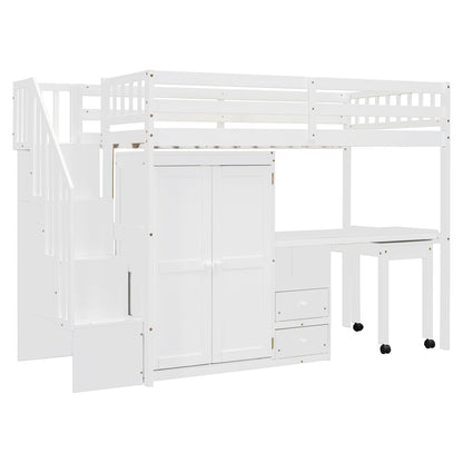 Twin Size Loft Bed With Stairs, Bookshelf, Drawers, Desk & Wardrobe, Space Saving Multifunctional Furniture - White