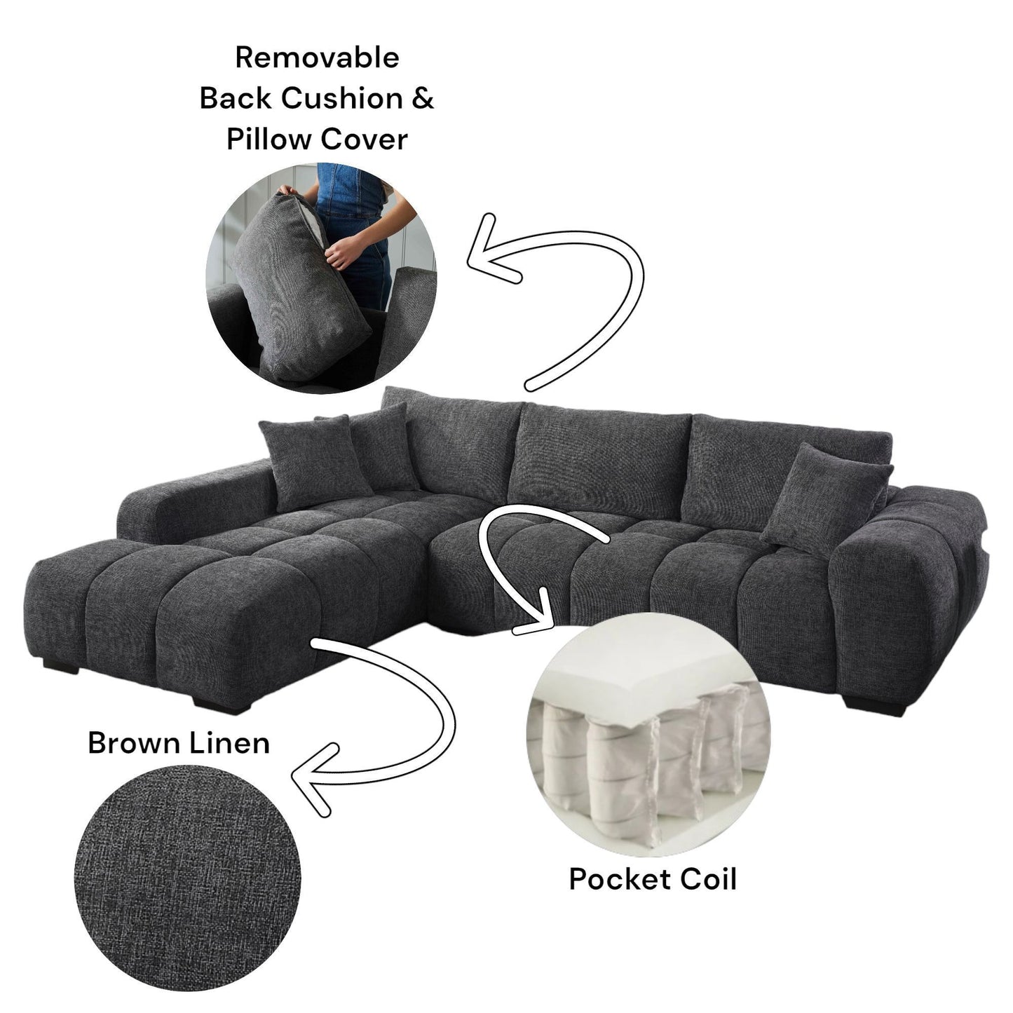 Chosen - Sectional Sofa With Toss Pillows And 1 Chaise - Gray