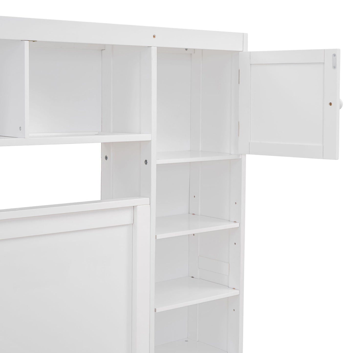 Queen Size Bed With All In One Cabinet, Shelf And Sockets, Twin Long Trundle - White