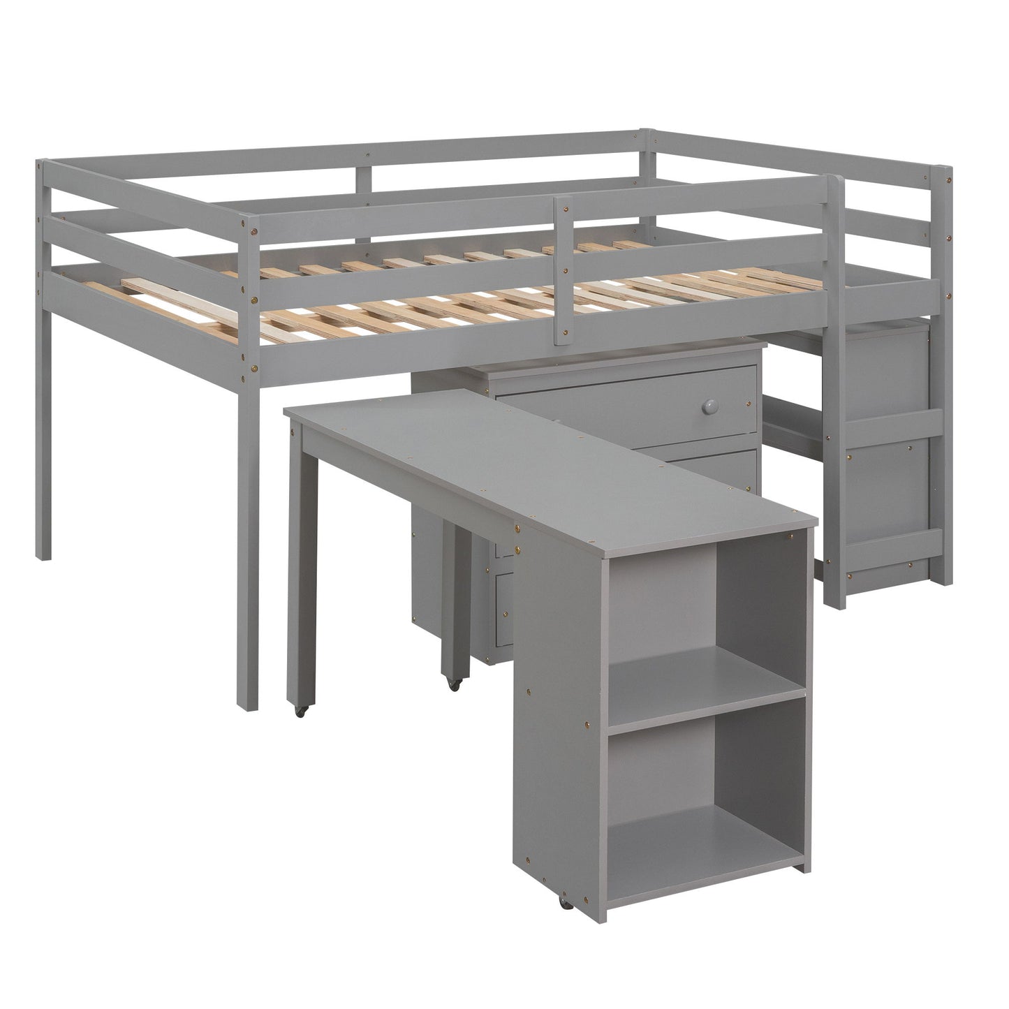 Full Loft Low Study Bed With Cabinet, Shelves And Rolling Portable Desk, Multiple Functions- Gray
