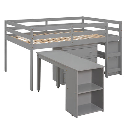 Full Loft Low Study Bed With Cabinet, Shelves And Rolling Portable Desk, Multiple Functions- Gray