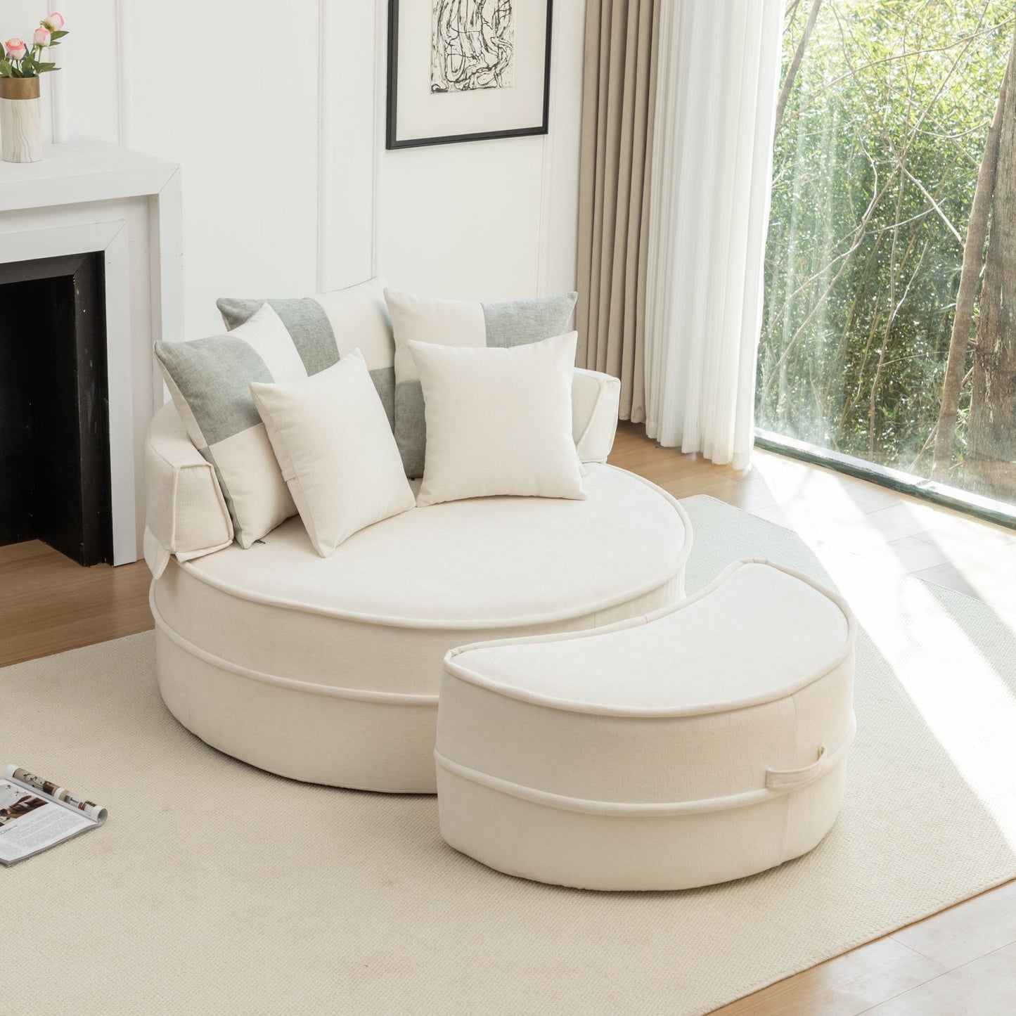 Modern Oversized Round Barrel Accent Chair With Ottoman Velvet Upholstered Lounge Armchair With 5 Pillows For Living Room Or Bedroom - Beige