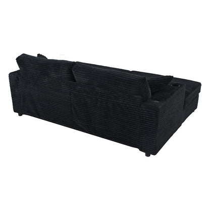 Oversized Loveseat Chaise Lounge Sectional Sofa Bed Corduroy Sleeper Sofa With 2 USB Ports, 2 Cup Holders And 2 Throw Pillows For Living Room And Bedroom - Black