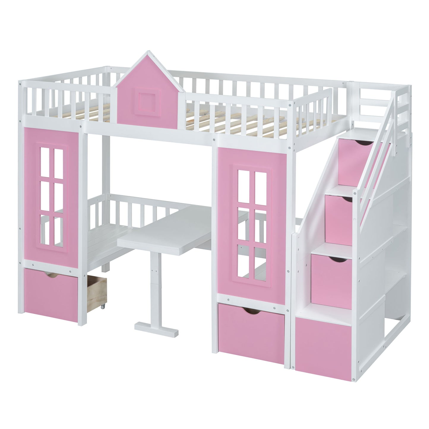 Twin Over Twin Bunk Bed With Changeable Table, Bunk Bed Turn Into Upper Bed And Down Desk - Pink