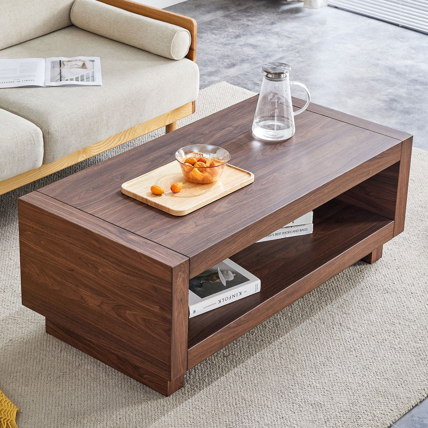 Modern Minimalist Rectangular Coffee Table Measuring Embodies The Simple Charm Of Mid Century Aesthetics, Adding A Touch Of Elegance To Your Living Room - Walnut