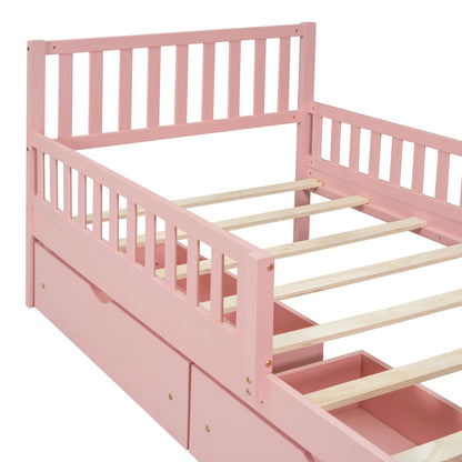 Twin Size Platform Bed With Guardrails On Both Sides And 2 Storage Drawers - Pink