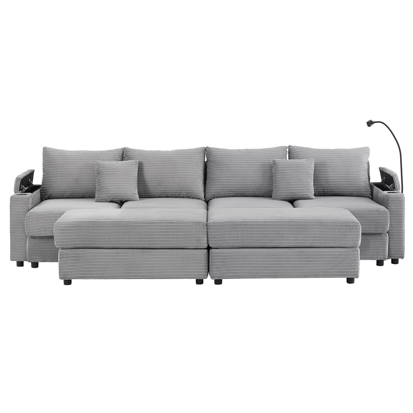 Modern Style 4 - Seater Sofa Sectional Sofa Couch With Storage Space, Two Movable Ottomans, Two USB Ports, Two Cup Holders, A Phone Holder For Living Room - Gray