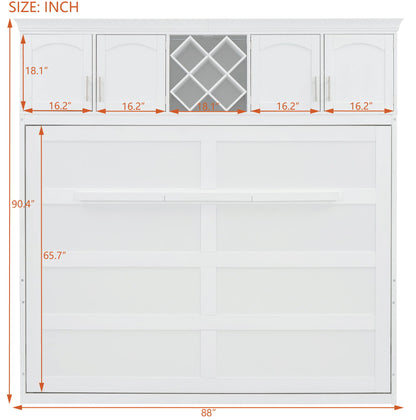 Queen Size Murphy Wall Bed With Top Cabinets & Wine Rack - White