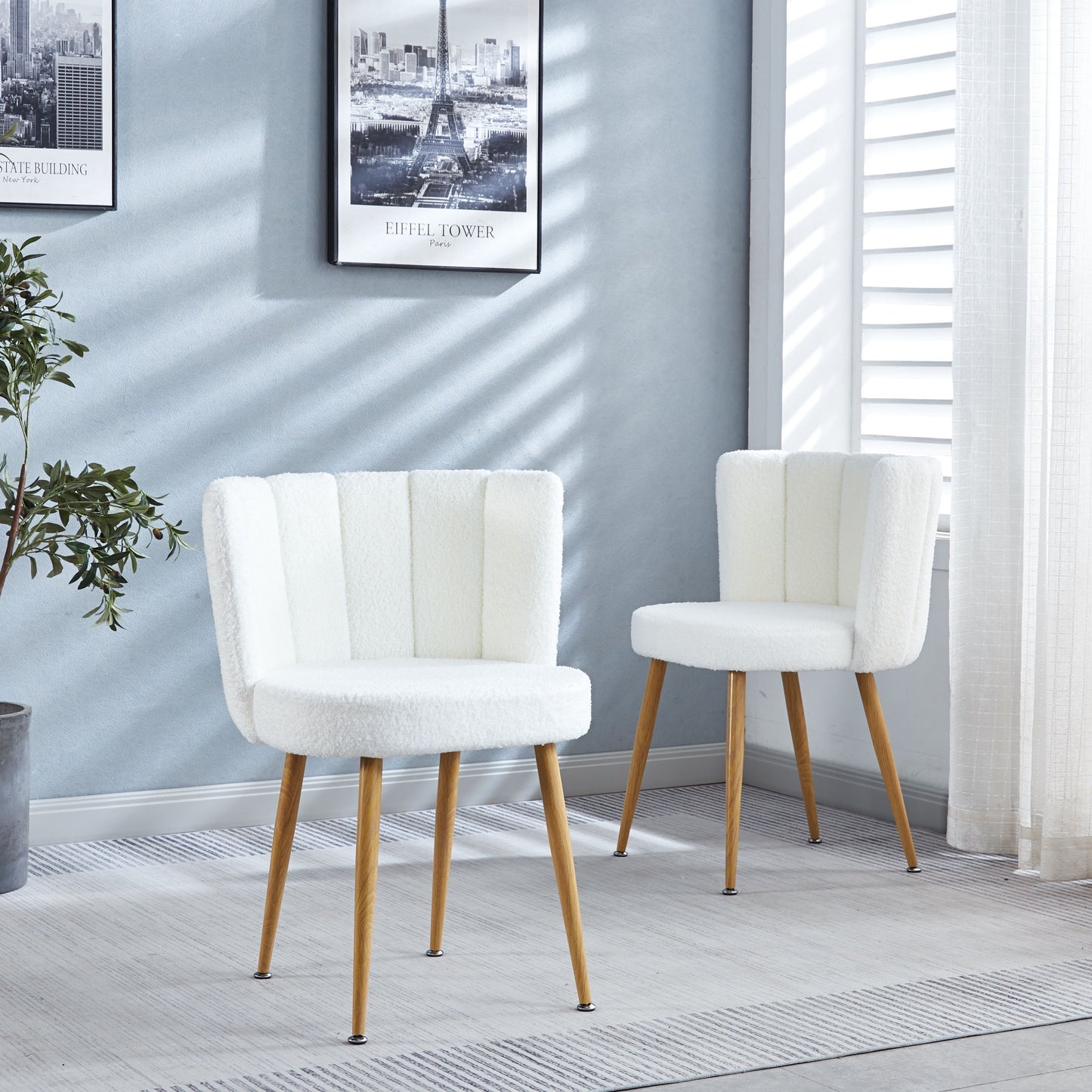 Modern Dining Chair (Set of 2) With Iron Tube Wood Color Legs, Shorthair Cushions And Comfortable Backrest, Suitable For Dining Room, Living Room, Cafe, Simple Structure - White