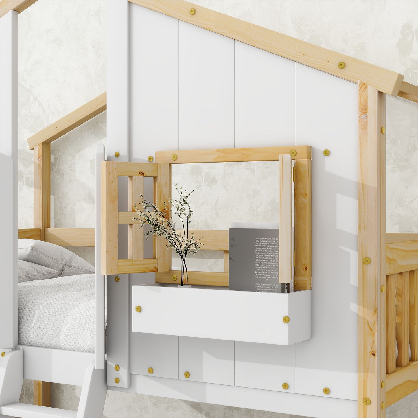 Twin Over Twin House Bunk Bed With Roof, Window, Window Box, Door, With Safety Guardrails And Ladder - Natural / White