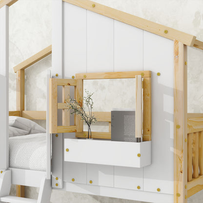 Twin Over Twin House Bunk Bed With Roof, Window, Window Box, Door, With Safety Guardrails And Ladder - Natural / White
