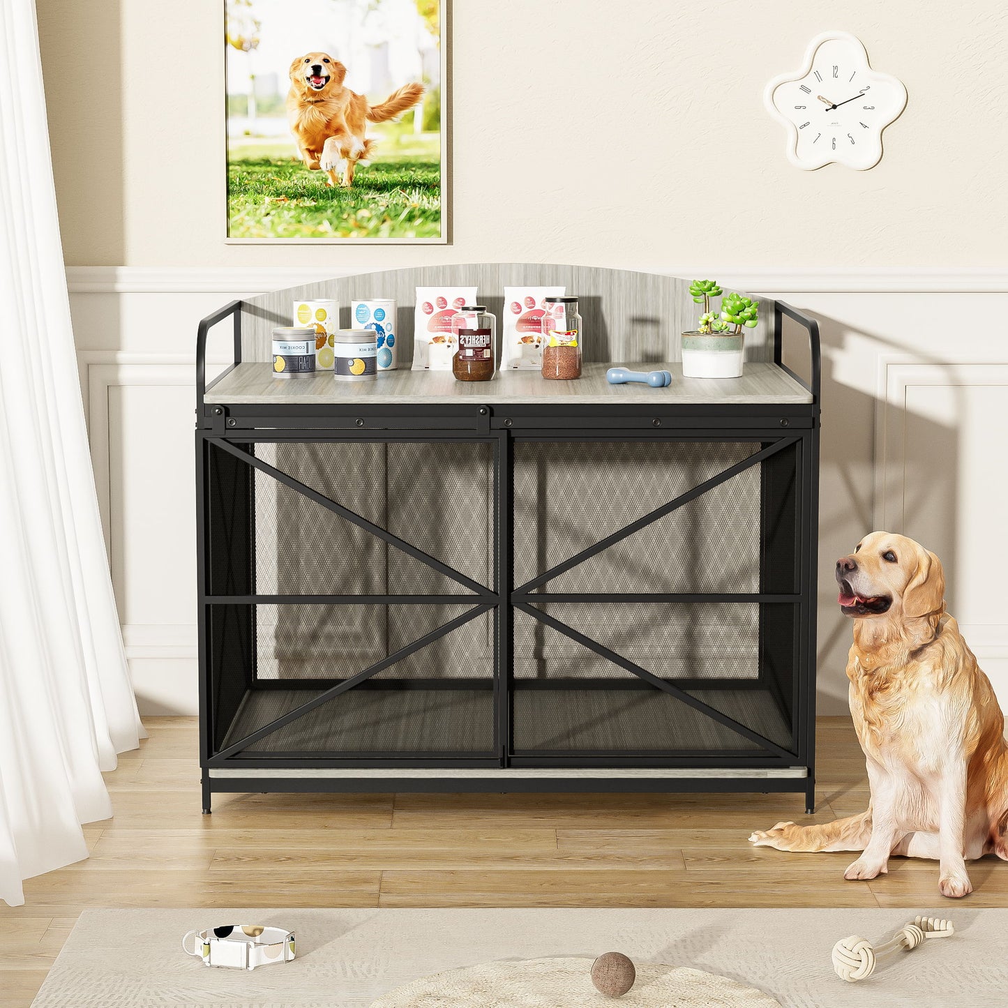 Heavy Duty Large Dog Crate Furniture For Large Medium Dog, Farmhouse Wooden Dog Kennel Indoor End Table, Decorative Pet House For Large Dogs - Gray