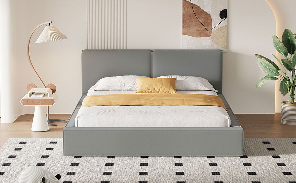 Queen Size Upholstered Platform Bed, Grounded Bed With Solid Frame - Gray