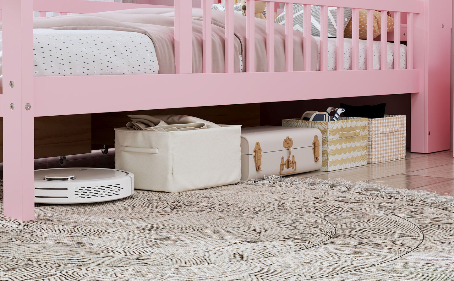 Twin Size Bed With Headboard Storage Rack, 2 Under Bed Drawers, 3 - Side Guardrails For Safety And Security - Pink