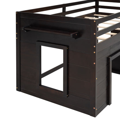 Twin Size Loft Bed With Cabinet And Shelf - Espresso