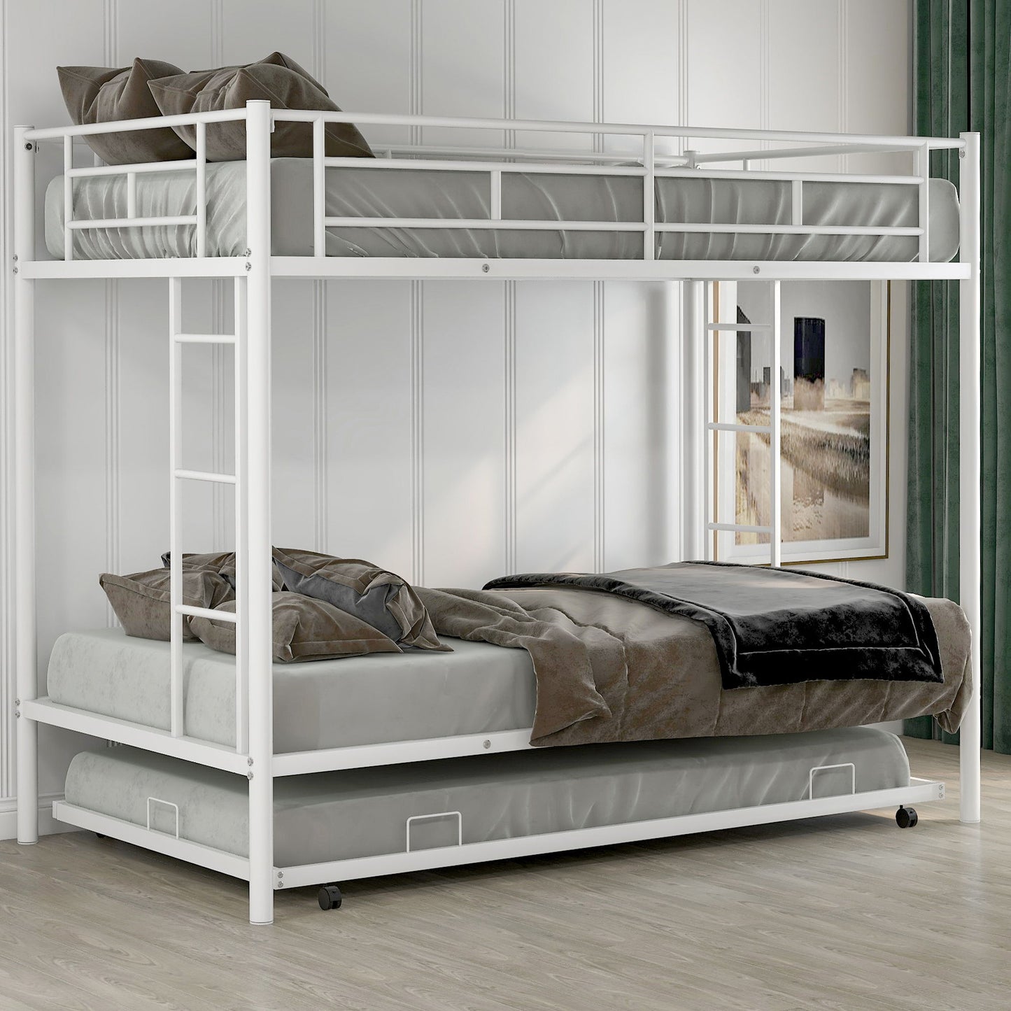 Twin Over Twin Bunk Bed With Trundle - White
